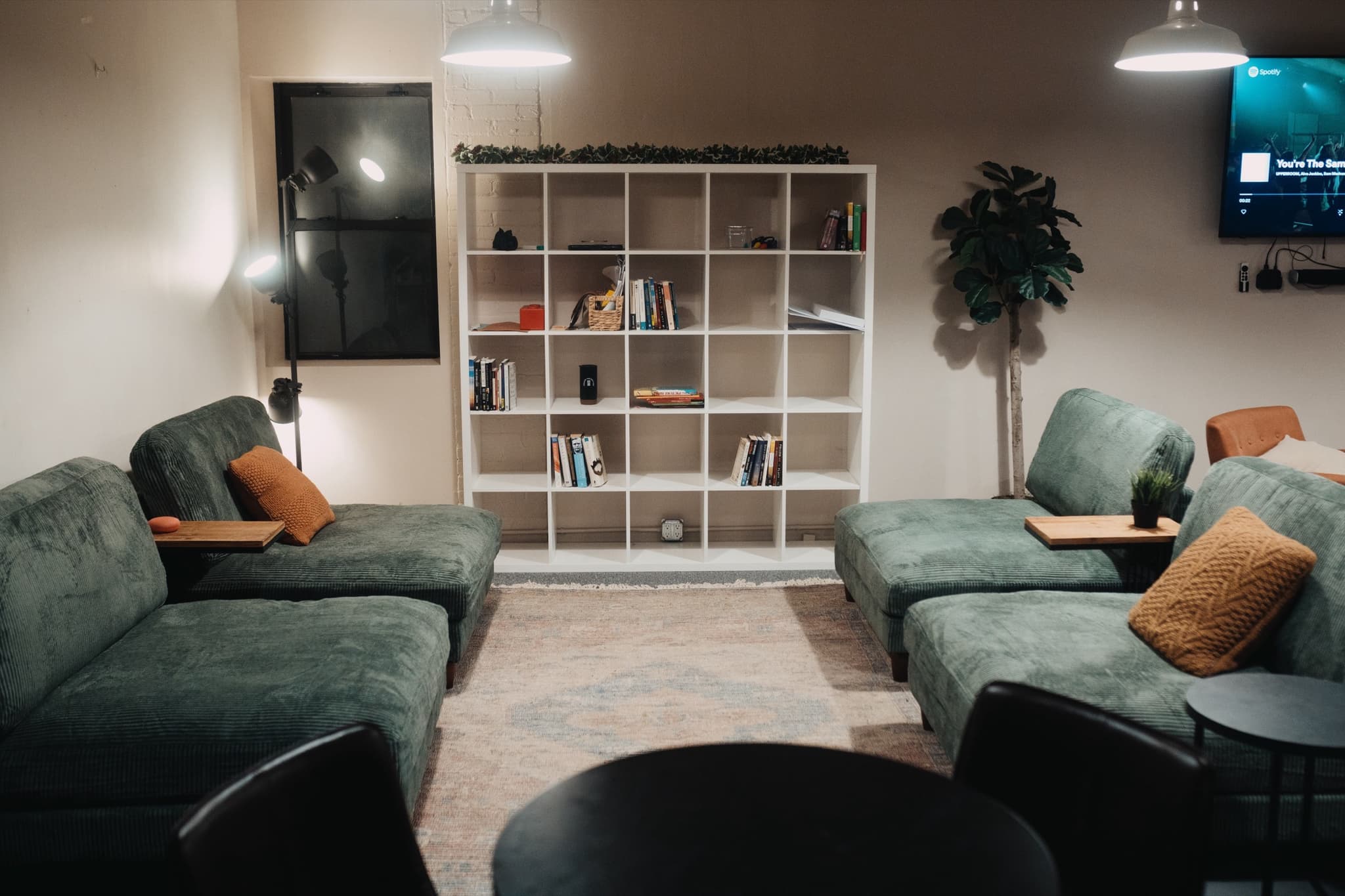 Open shelving between two green sofas in The Living Room in downtown Madison